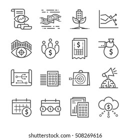 Business Finance line icons. Included the icons as brainstorm, report, teamwork, target, investing, payout and more.