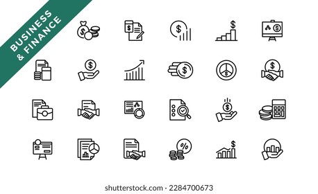 Business and Finance line icons set. Businessman outline icons collection. Money, investment, teamwork, meeting, partnership, meeting, work success
