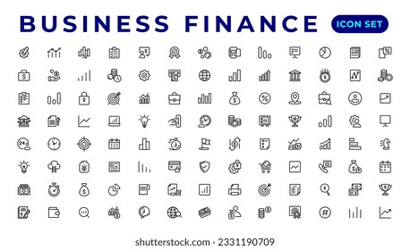 Los iconos de línea de negocio y finanzas están configurados. Colección de iconos de esquema de Businessman. Dinero, inversión, trabajo en equipo, reunión, asociación, reunión, éxito de trabajo. Icono de esquema.
