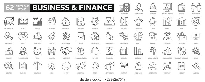 Los iconos de línea de negocio y finanzas están configurados. Colección de iconos de esquema de Businessman. Dinero, inversión, trabajo en equipo, reunión, asociación, reunión, éxito de trabajo - vector de acciones.