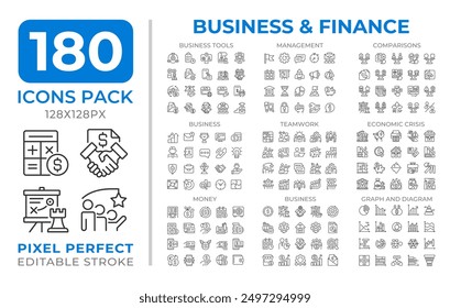 Business finance line icons set collection. Corporate teamwork. Economic crisis. Financial management mega pack of linear pictograms, pixel perfect. Isolated vector illustrations. Editable stroke