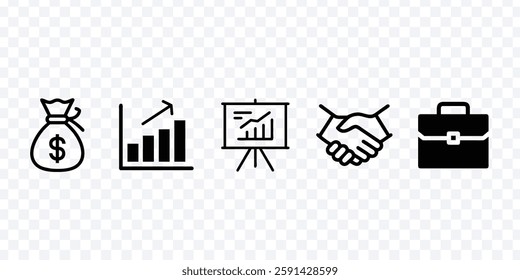 Business and Finance Line Icons Set: Money Bag, Growth Chart, Presentation, Handshake, Briefcase