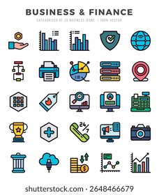 Business e Finanças coleção de ícones de cores lineares. Conjunto de 25 ícones. Ilustração vetorial.