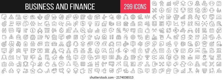 Business and finance linear icons collection. Big set of 299 thin line icons in black. Vector illustration