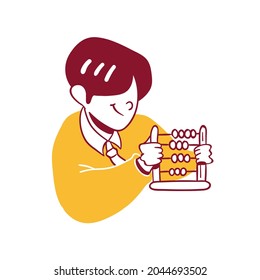 Business finance Man Calculate analyze money with abacus Icon Illustration in Outline Hand Drawn Design Style