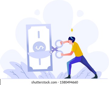 business finance man doing taxes tax cut money scissor people character flat design style Vector Illustration 