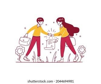 Business finance Man make agreement deal proposal Document sign hand drawn design style Illustration