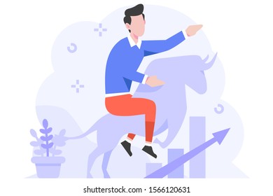 business finance man ride bull profit graph chart financial growth increase income arrow people character flat design style Vector Illustration 