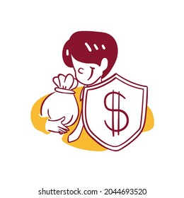 Business Finance Man Saving to Protect  and shield Money in Pouch Concept Icon Illustration in Outline Hand Drawn Design Style