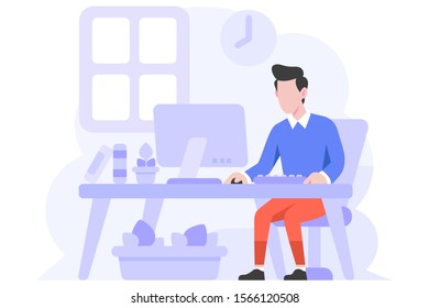 Business finance Man sit and working on laptop computer work hour employee employer people character flat design style Vector Illustration 