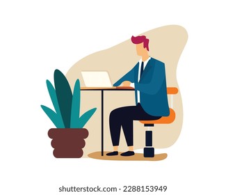 Business finance man sit and working on laptop flat design style 