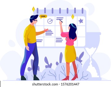 Business finance man and women managing schedule management work date calendar people character flat design style Vector Illustration 