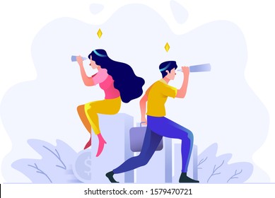 Business And Finance Man And Women Vision Seeing The Future Direction Of Business With Telescope People Character Flat Design Style Vector Illustration 