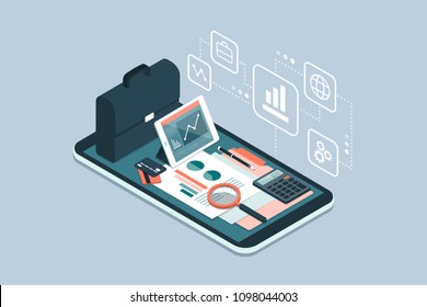 Business And Finance Management App For Enterprises, Business Equipment And Icons On A Smartphone