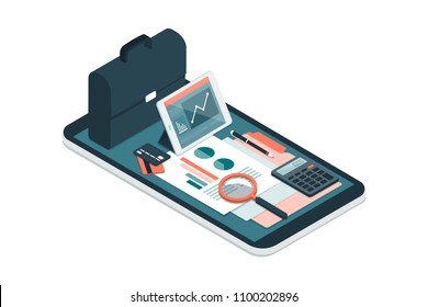 Business and finance management app for enterprises, business equipment and icons on a smartphone