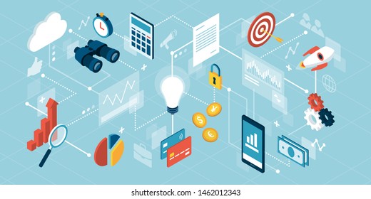 Business and finance management, banking and accounting, network of concepts, isometric vector