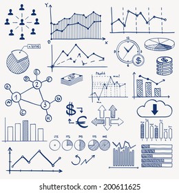 Business finance management infographics doodle hand draw elements. Concept - graph, chart, pie, arrows, signs social media, earning money