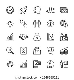 Business and  finance management, vector linear icons set. Task idea income marketing time team test money profit and more. Isolated collection of business icons for web and mobile. Editable stroke.