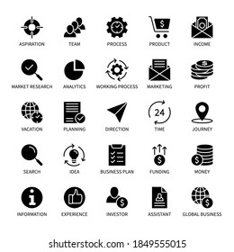 Business and  finance management, vector silhouette icons set. Search idea income marketing time team investor process money profit and more. Isolated collection of business icons for web and mobile.