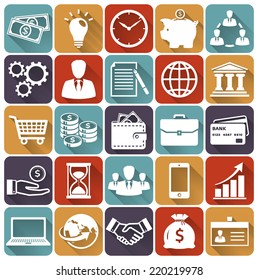 Business, finance and marketing flat icons. Set of 25 concept symbols with long shadows. Collection of silhouette white elements for your design. Vector illustration.  