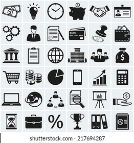 Business, finance and marketing icons. Set of 36 concept symbols. Collection of silhouette black elements for your design. Vector illustration.