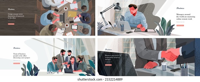 Business, finance and marketing. Vector illustration of working businessmen, people in a meeting at the table, teamwork, making a deal and men at the computer. - Shutterstock ID 2152214889