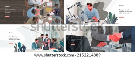 Business, finance and marketing. Vector illustration of working businessmen, people in a meeting at the table, teamwork, making a deal and men at the computer.