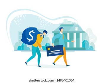 Business and Finance Modern Flat Businessman with Big Bag Dollar and Advantages Credit Card. Tired and Confident Male Characters. Vector Illustration Digital Design for any purpose.