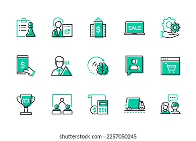 Business and finance - modern line design style icons set. High quality items with green color filling. Planning, analytics, office work, e-commerce, award, contracts. Delivery and consulting services