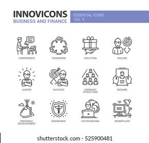 Business and Finance - modern vector thin line design icons set. Teamwork, solution, failure, success, company structure, resume, insurance, outsourcing, work place, conference, leader