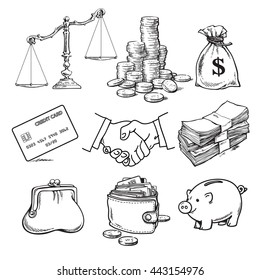 Business finance money set. Scales, stack of coins, sack of dollars, credit card, handshake, paper money, purse. wallet, piggy bank Sketch Hand drawn vector illustration isolated on white background.