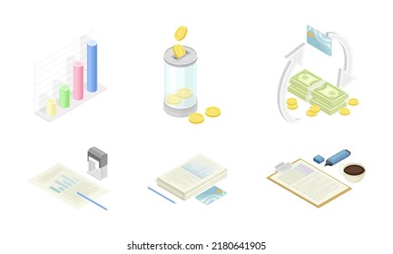 Business and finance objects set. Financial analysis, planning and strategy vector illustration