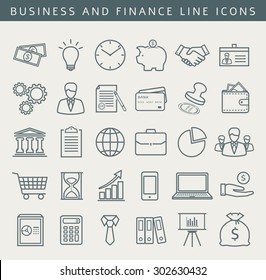 Business, finance, office, shopping and marketing icons. Set of 30 concept symbols. Collection of outline elements for your design. Vector illustration.