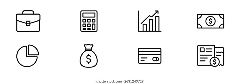 Business finance outline icon set - charts, cash, cards, and office tools in line style