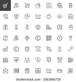 Business and finance outline icons set. linear style symbols collection, line signs pack. vector graphics. Set includes icons as ATM, Safe Box, Money, Credit card, Bank building, Economy, Contract