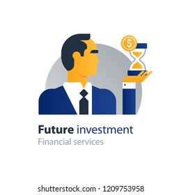 Business and finance people and banking services, future investment. Flat design vector illustration