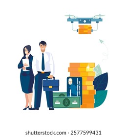 Business finance, people. Businessman and businesswoman using drone invests money, delivering gold coins in new project. Dollars, payment card, achieving goal, presentation. Vector illustration