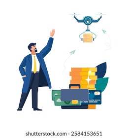 Business finance, people. Businessman using drone invests money, delivering gold coins in new business project. Dollars in briefcase, payment card, goal achievement, presentation. Vector illustration
