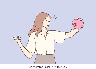 Business, finance, poverty, problem, cash concept. Young unhappy sad frustrated depressed poor businesswoman clerk manager standing holding piglet bank with no money. Fiancial bankruptcy illustration.