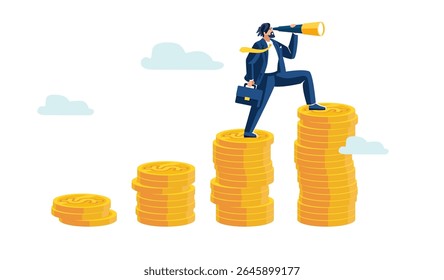 Business finance presentation. Businessman investor looking through binoculars and climbing up stacks of gold dollar coins. Achieving financial freedom, people, banner design. Vector illustration