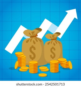 Business Finance Productivity Investment Growth Concept illustration with Stack Coins and Money Bag