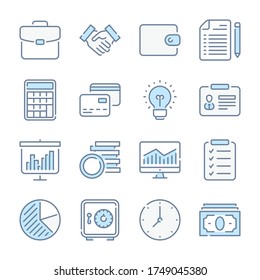 Business and Finance related blue line colored icons. Marketing and Banking icon set.