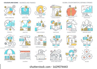 Business and finance related, color line, vector icon, illustration set. The set is about statistics, growth, economics, marketing, banking.