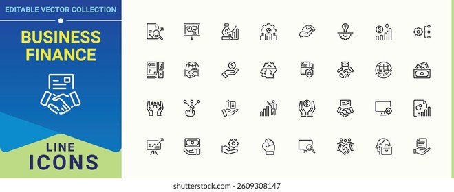 Business Finance related icon. Includes symbols for market, accounting, finance, currency, exchange, business, bank and more. Finance And Business icon. Set of line pictogram. Vector illustration.