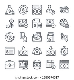 Business and Finance related line icon set. Banking linear icons. Money, cash and payment outline vector sign collection.