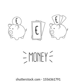 Business or finance saving concept with han piggy bank and Euro note paper and lettering MONEY.