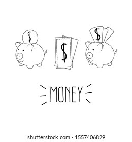 Business or finance saving concept with han piggy bank ant dollar note paper and lettering MONEY.