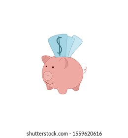 Business or finance saving concept with han piggy bank. Piggy bank with stylized dollar bills.