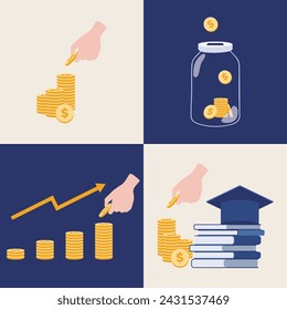 Concepto de ahorro de finanzas empresariales. Conjunto de ilustraciones de pila de monedas, tarro de ahorro, gráfico creciente, ahorro para la educación. Para redes sociales, aplicación móvil, web, página de destino, infografía, póster, banner