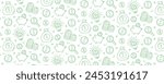 Business and finance seamless pattern with flat vector green line icons of piggy bank, stack of coins, dollar sign, magnifying glass, money bag, light bulb with money idea. For cover, wrapping paper